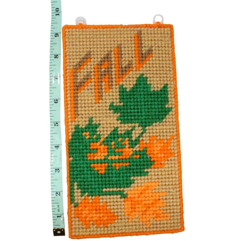 Handmade Plastic Canvas Yarn Needlepoint Fall Leaves Wall Hanging With Hanger - Picture 3 of 3
